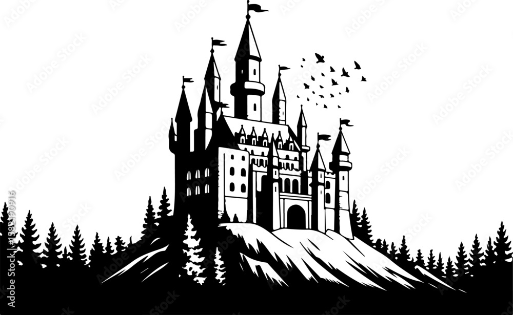 Fototapeta premium Ancient Haunted Castle Silhouette – Vector Illustration on White Background