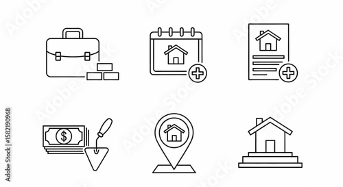 Real estate investment icons showcase building, finance, location, contract, schedule, and toolbox representations.