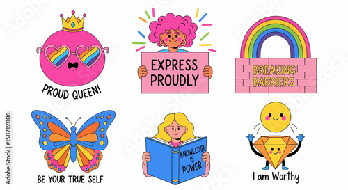Motivational sticker set featuring inclusive messages about self-love, pride, knowledge, and overcoming obstacles to support personal growth.