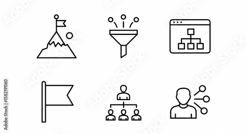 Business strategy icons showcasing concepts like leadership, goals, hierarchy, funnel process, and business development