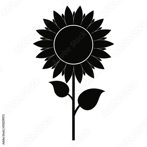 Simple silhouette of a sunflower with a round head and stem isolated on white background