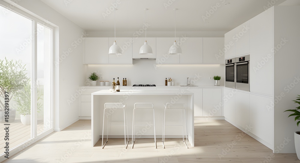 Fototapeta premium Modern Minimalist White Kitchen Interior with Island