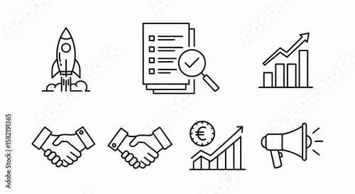 Black line style icons illustrate concepts like business growth, startup launch, agreements, and market analysis