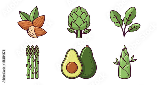 Healthy foods are displayed, including almonds, artichokes, spinach, asparagus, avocados, and bamboo shoots