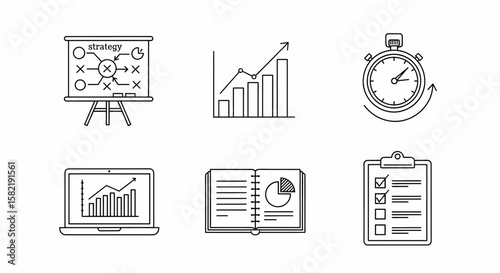 Business planning strategy and performance icons illustrate market growth and time management for financial success.