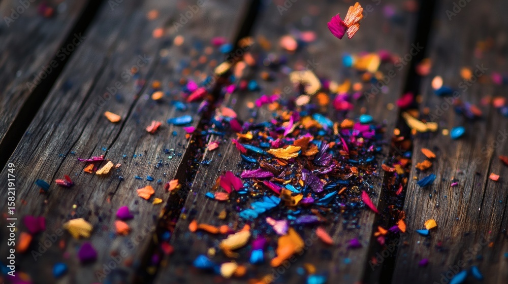 Fototapeta premium Colorful pencil shavings scattered on a dark wooden surface.