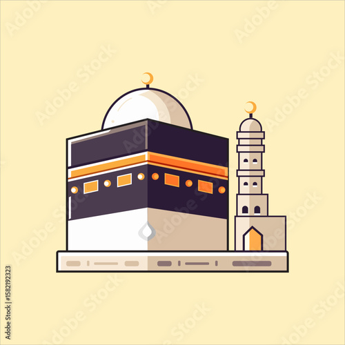 Illustration of the Kaaba in Mecca with a minaret against a light yellow background.