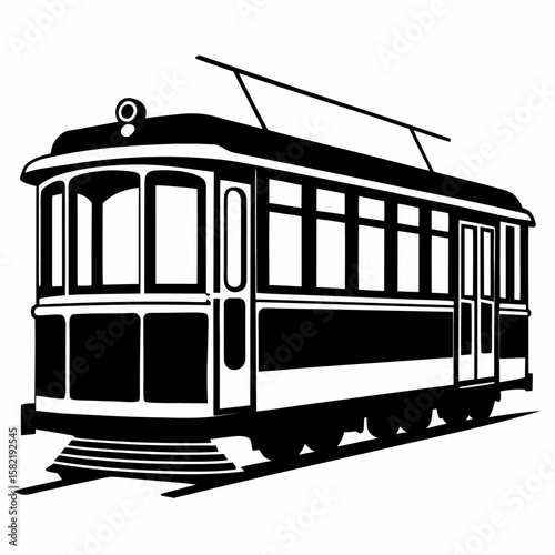 Classic black silhouette of a tram or trolley car isolated on white background