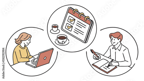 Diverse individuals engaged in focused work and planning symbolizing productivity task management and collaborative efforts in a modern organized setting