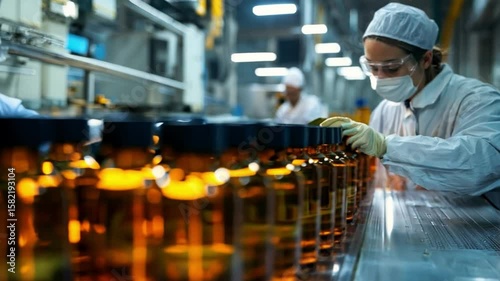 A worker in protective gear inspects a line of filled amber bottles on a conveyor belt in a pharmaceutical factory.