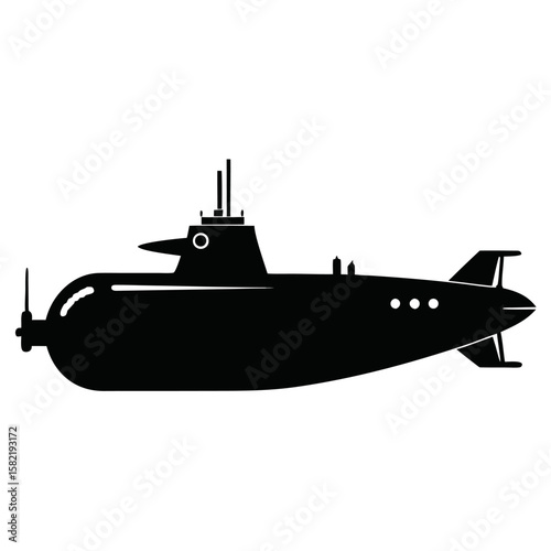 A striking black silhouette of a classic submarine navigating the deep blue underwater world isolated on white background