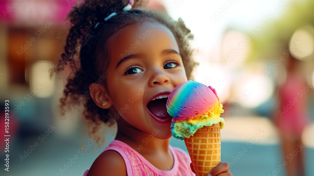 Joyful little girl enjoys colorful ice cream cone on a sunny day in the park Joyful little girl enjoys colorful ice cream cone on a sunny day in the park
