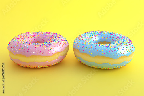 Two colorful donuts with sprinkles on a vibrant yellow background, perfect for dessert-themed designs