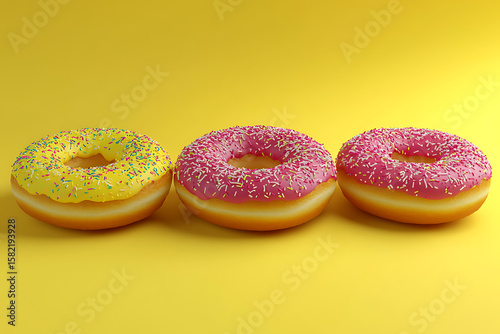 Three colorful donuts with sprinkles on a bright yellow background, ideal for dessert promotion