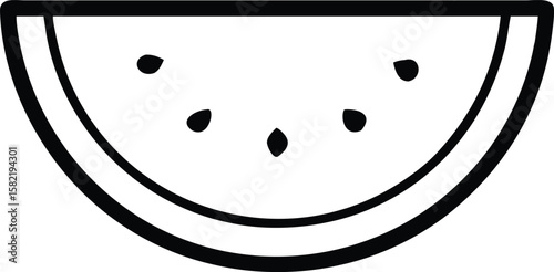 Delicious Watermelon Slice, Summer Fruit Icon, Black and White Line Art, Simple Design, Vector Illustration,...