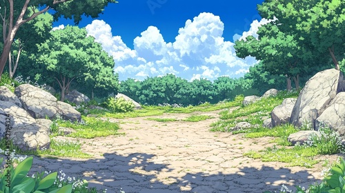 A sun-drenched dirt path winds through a lush green forest, flanked by rocks and wildflowers under a bright blue sky with fluffy clouds