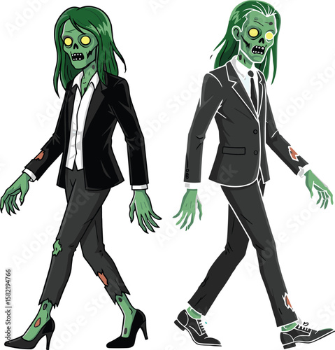 Business zombies walking in suits, cartoon undead couple, horror character design, Halloween office theme, green monsters, creepy corporate style illustration