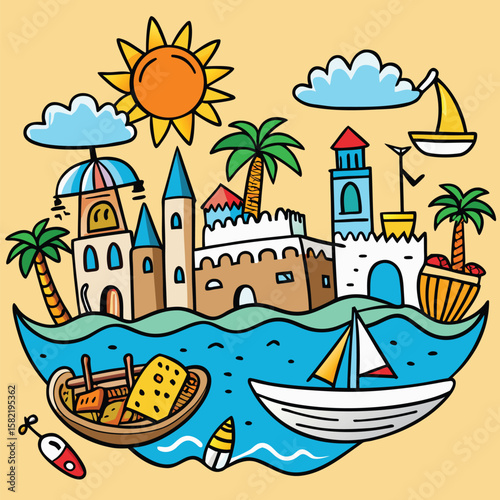 Summer city town icon set design 