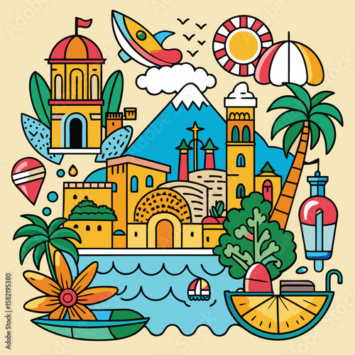 Summer city town icon set design 