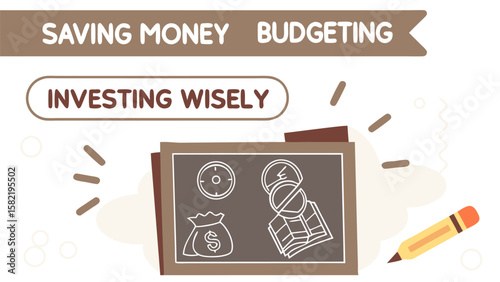 Illustration of saving money and budgeting concepts featuring icons for financial growth investment and wealth accumulation with a pencil and chalkboard