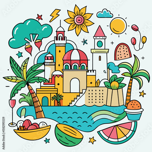 Summer city town icon set design 