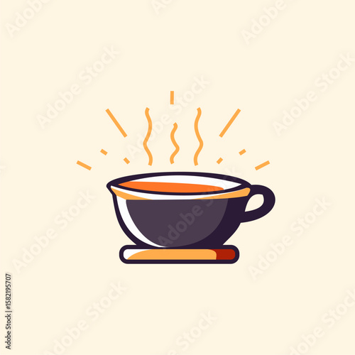 A stylized illustration of a steaming cup of coffee or tea.