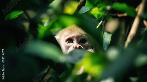 A Curious Monkey Peeking Through Lush Foliage