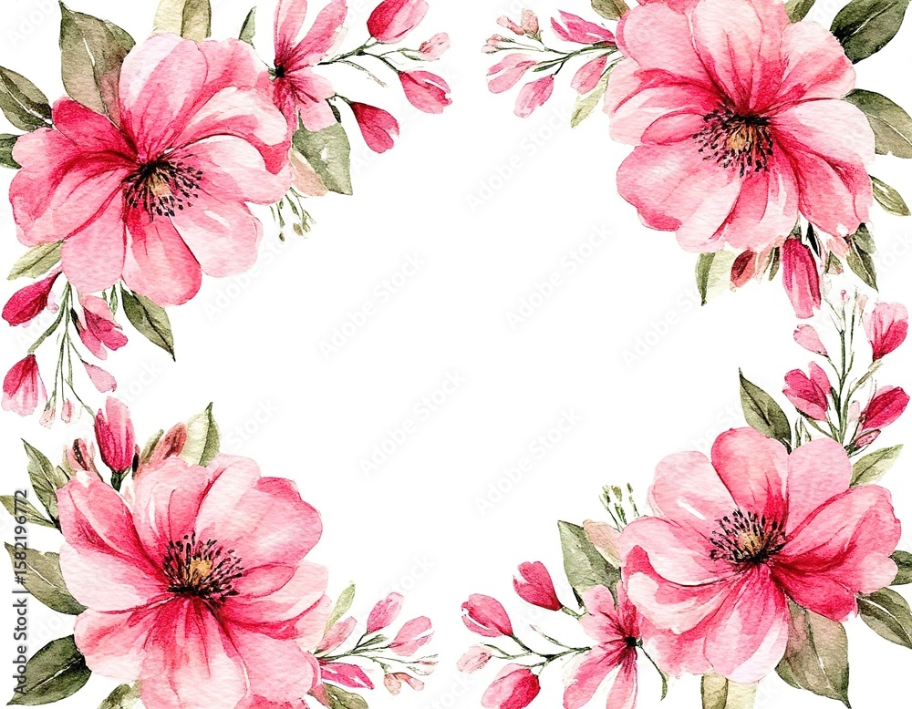 Obraz premium pink abstract flower frame. watercolor illustration on white background. template for card, invitation, banner, label with place for text.