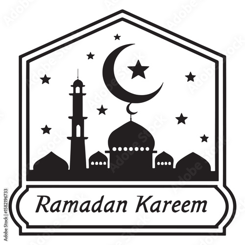 Ramadan Kareem Islamic Greeting Card with Mosque and Crescent Moon.