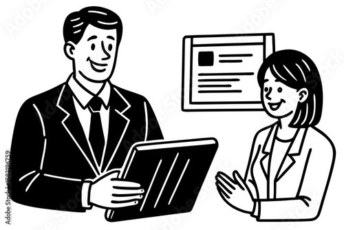 A business meeting graphic showcasing a man presenting data to a woman in an office environment, useful for corporate presentations and web designs.