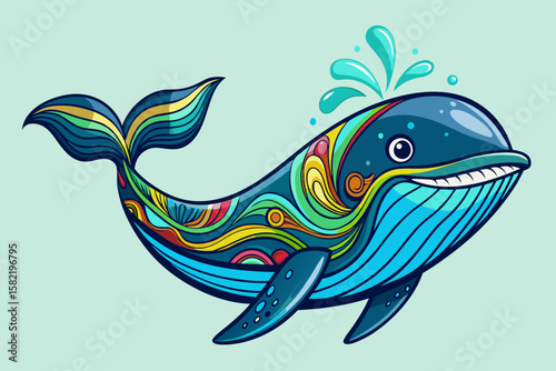 An intricately designed whale graphic with playful colors, making it ideal for marine-themed designs or children's content projects.