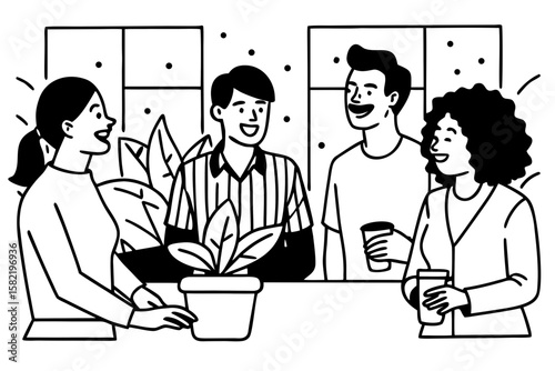 A cheerful line graphic portrays diverse young professionals enjoying a coffee break together in a bright and modern office setting.