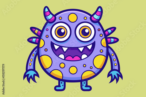 Adorable cartoon monster with purple fur, yellow spots, and a friendly grin makes a playful, eye-catching graphic.