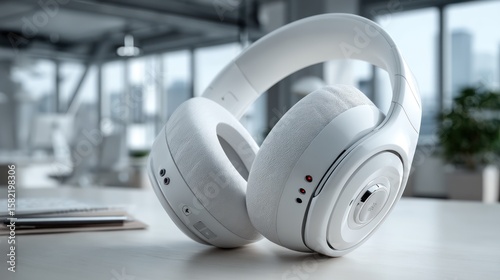 Sleek White Headphones on Desk in Modern Office