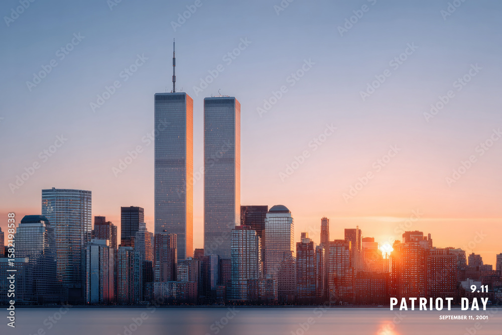 Obraz premium Skyline featuring Twin Towers at sunrise, symbolizing resilience