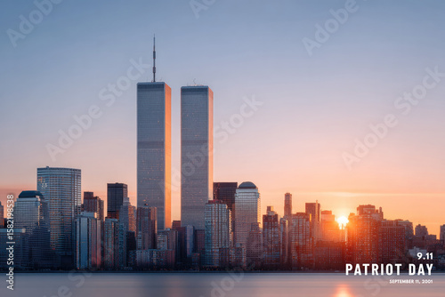 Skyline featuring Twin Towers at sunrise, symbolizing resilience
