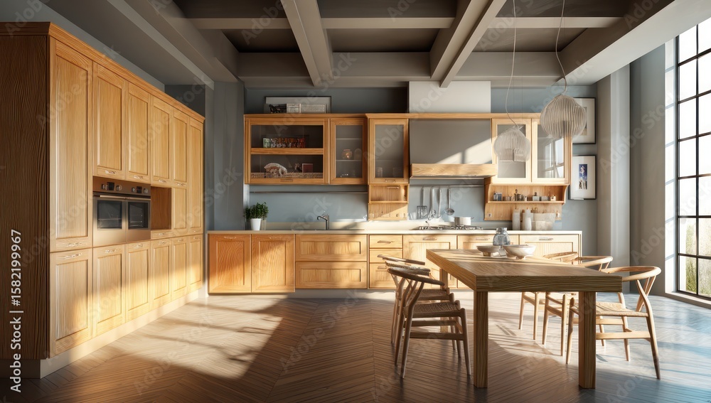 Fototapeta premium Trendy open-plan kitchen with wood accents, modern appliances, and clean lines throughout.