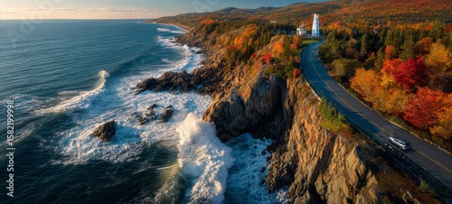 Fototapeta Naklejka Na Ścianę i Meble -  Photorealistic autumn coastal scene with crashing waves, cliffside road, glowing lighthouse, and vibrant fall foliage under golden sunlight, capturing nature’s beauty and resilience