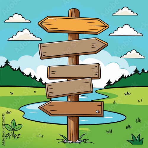 Cartoon Wooden Signpost with Blank Arrows in Nature Landscape Scene Illustration