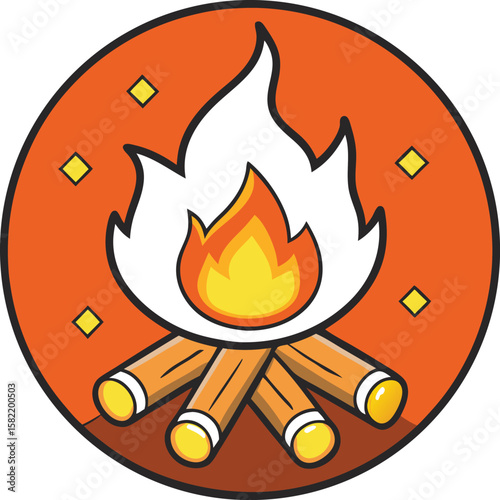 Cartoon Bonfire Illustration in a Circle on Orange Background with Sparkles