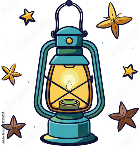 Cartoon Cat Camping Illustration with a Glowing Lantern in a Night Scene