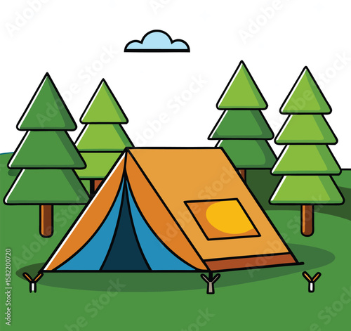 Cartoon camping tent pitched on grass with a cat illustration colorful and playful design