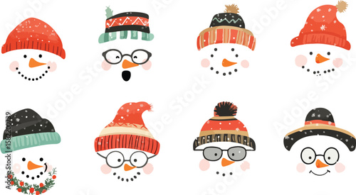 Collection of Cute Snowman Faces with Hats and Glasses on White Background