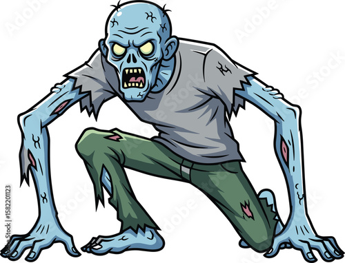 Creepy blue zombie crouching with tattered clothes, glowing eyes, and angry expression – cartoon undead vector character art