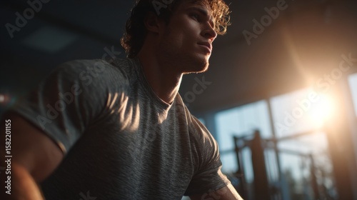 Focused Athlete Training in Gym With Sunrise Lighting the Background Scene. A determined athlete during a strength workout in the gym at sunrise, radiating focus.