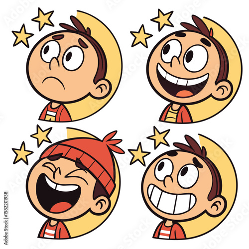 Collection of cartoon boy faces showing different emotions like sadness happiness laughter and excitement with stars surrounding their heads