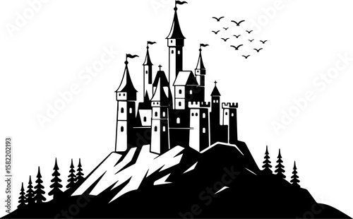 Ancient Haunted Castle Silhouette – Vector Illustration