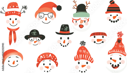 Festive Snowman Faces Collection Cute Winter Holiday Vector Illustration Design