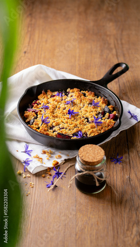 Homemade Fruit Crumble Dessert in Cast Iron Skillet
