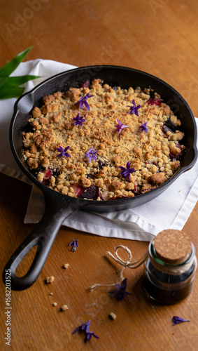 Homemade Fruit Crumble Dessert in Cast Iron Skillet